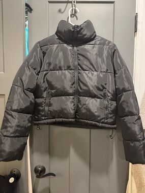 Black Puffer Jacket - Cropped Quilted Coat with drawstring
